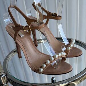 Like New! SCHUTZ Pearl-Embellished Suede Ankle Strap Sandal, Size 5.5